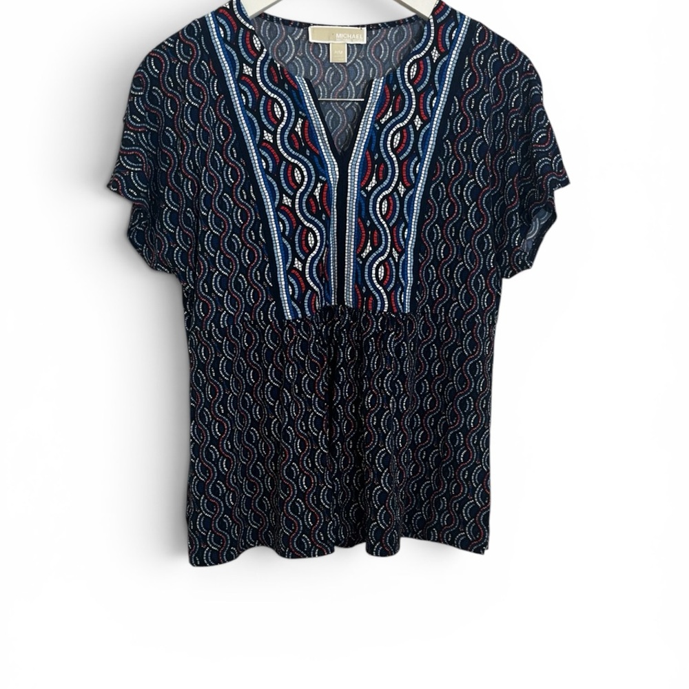 Michael Kors Navy V‑Neck Short Sleeve Blouse with Blue and Red Trim